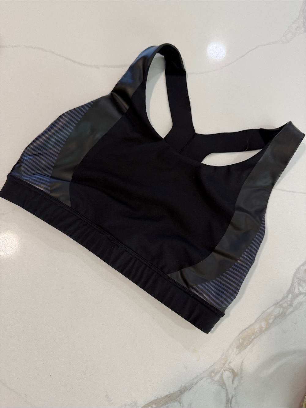 Athleta Black Racerback Sports Bra with Glossy Panel Accents - Size M